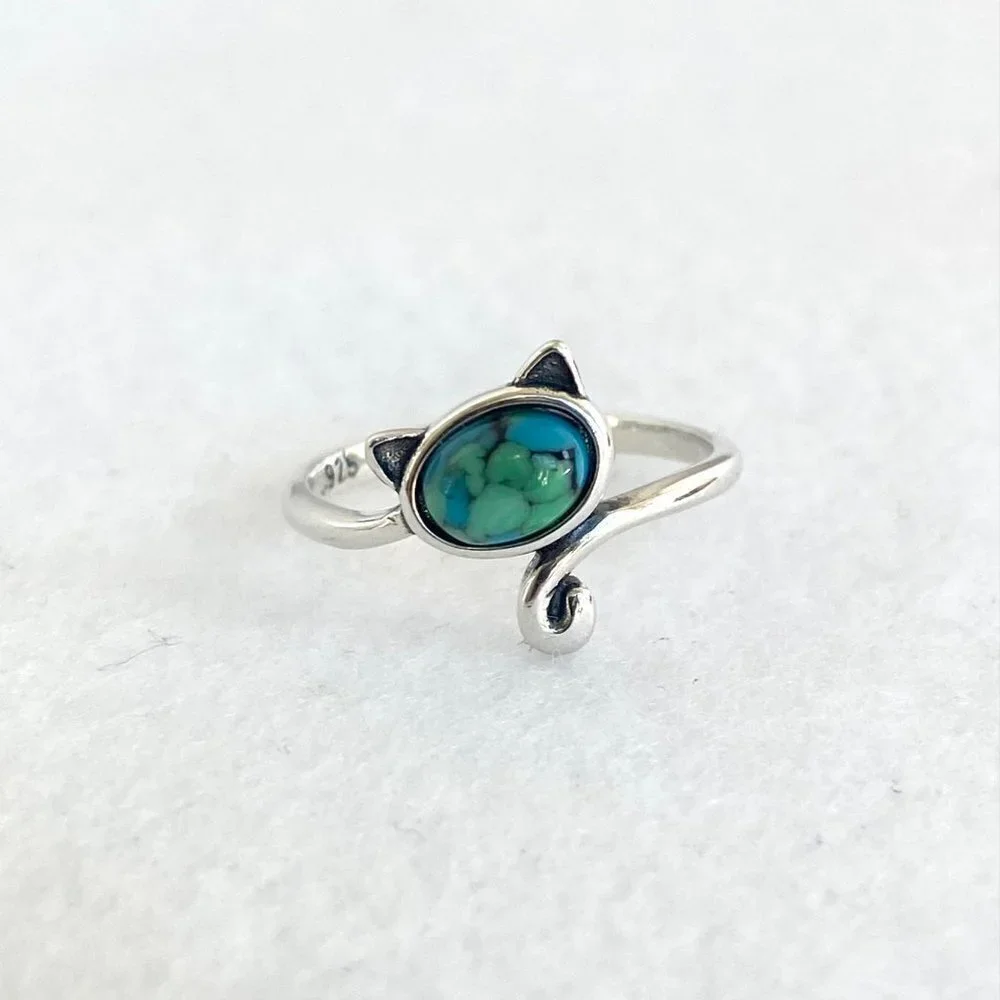 Sterling Silver 925 Turquoise Cabochon Kitty Cat Bypass Style Band Ring Sz 6